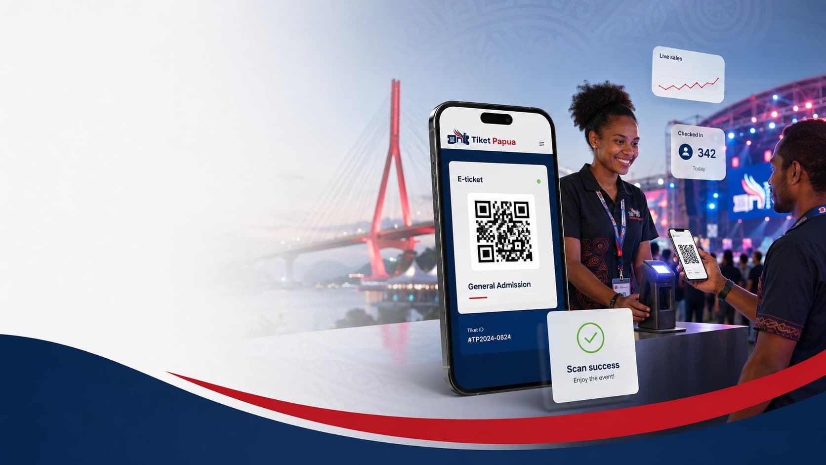 Petugas memindai e-tiket QR di pintu masuk event, dengan latar Jembatan Youtefa Jayapura